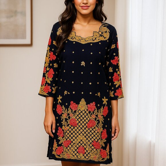 Women M Metallic Formal Pakistani Embroidered Sheer Overlay Splits Artsy Dress - Picture 1 of 11
